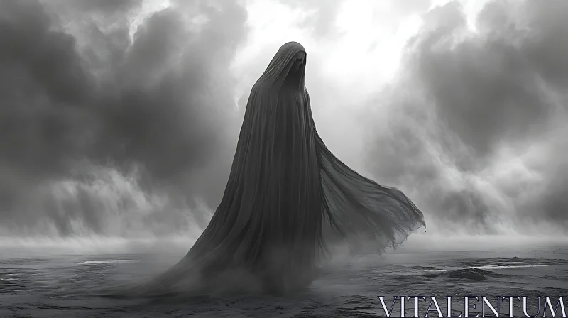 Draped Figure Under Stormy Skies AI Image