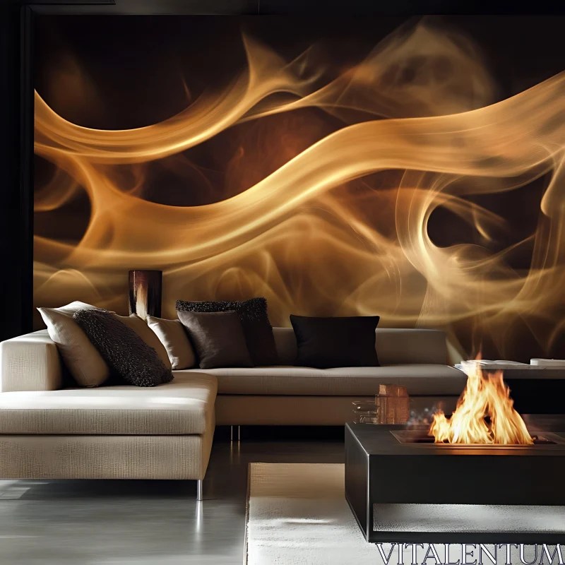 AI ART Stylish Interior with Fireplace and Abstract Wall