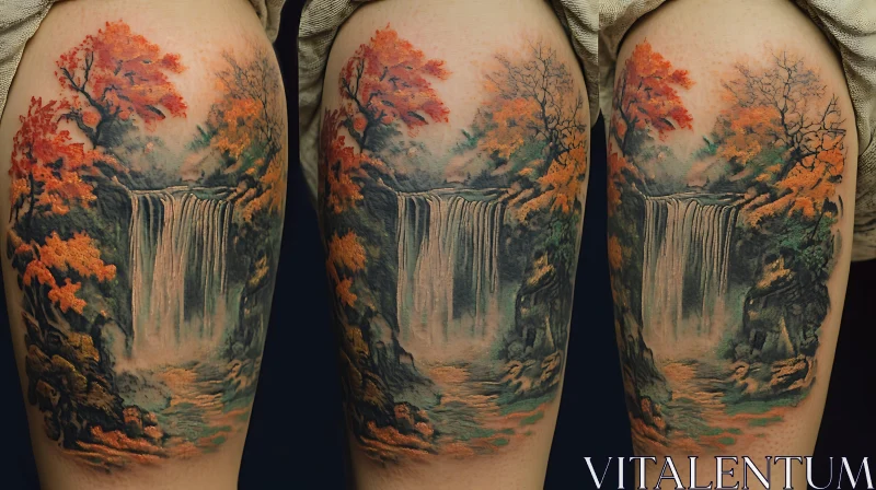 Serene Waterfall with Autumn Colors Tattoo AI Image