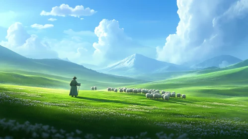 Shepherd and Sheep in Green Field