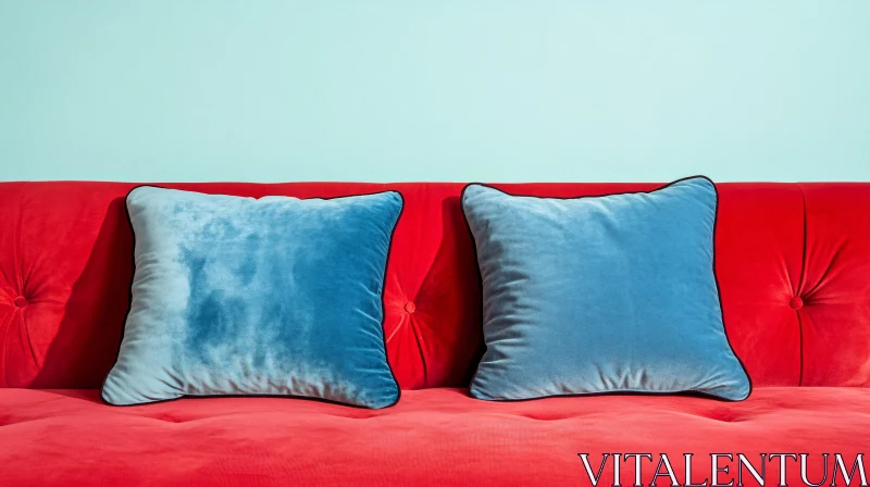 Blue Pillows on Red Couch AI Image