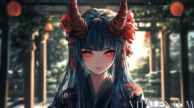 Red-Eyed Demon Girl in Kimono AI Image