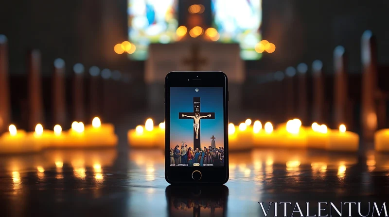 Candlelit Faith Displayed on Phone AI Image