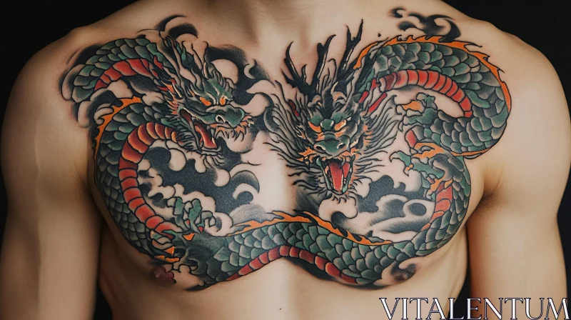 Intricate Chest Tattoo of Two Engaged Dragons AI Image