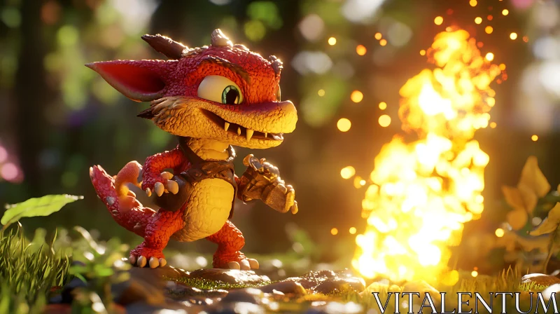 Cartoon Dragon with Fire in Forest AI Image