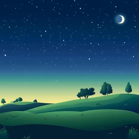 Starry Night Landscape with Green Hills