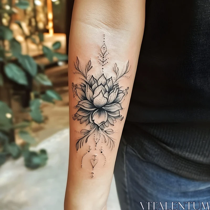 Intricate Black and Grey Lotus Tattoo on Forearm AI Image