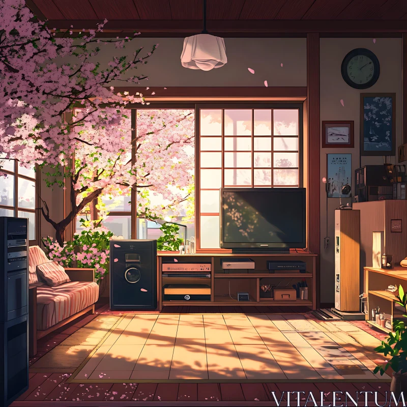 AI ART Peaceful Interior with Cherry Blossom View