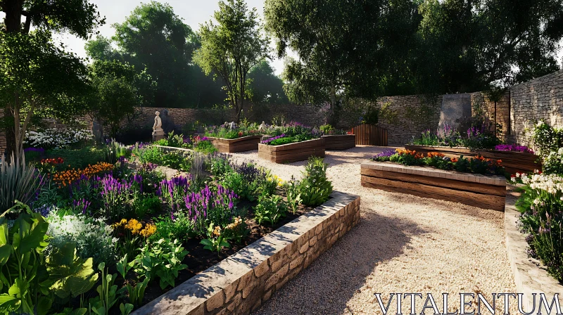 Peaceful Garden with Stone Walls and Flowers AI Image