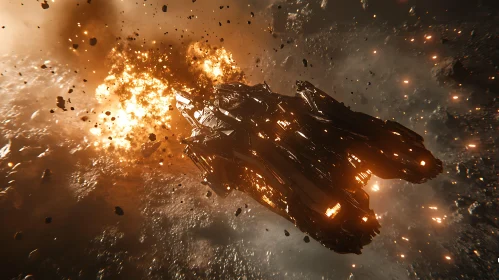 Spacecraft in Asteroid Field Explosion