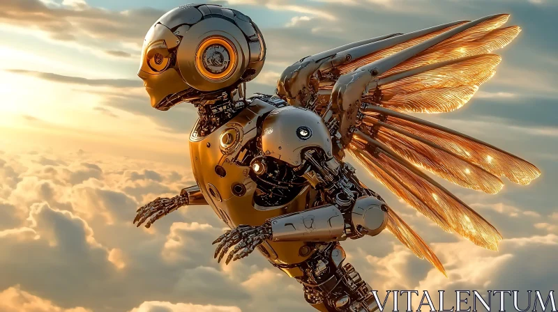 Golden-Winged Robot Amidst Clouds AI Image