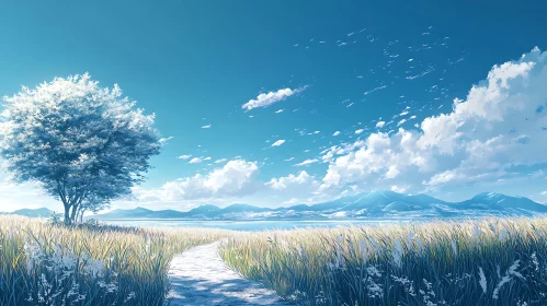 Scenic Meadow Path with Blue Sky Backdrop