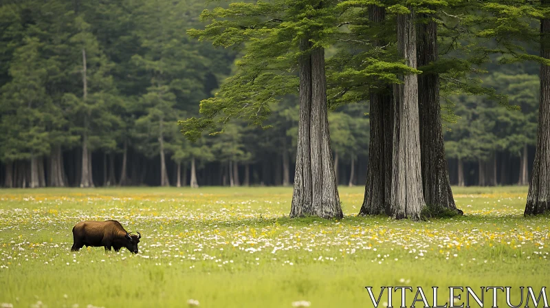 Peaceful Bison in Green Field AI Image