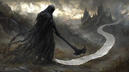 Cloaked Figure with Scythe and Scroll