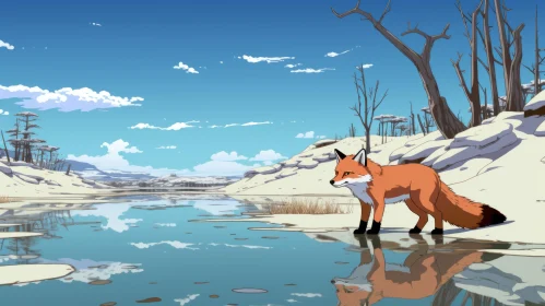 Anime Aesthetic Snowy Landscape with Red Fox by Lake