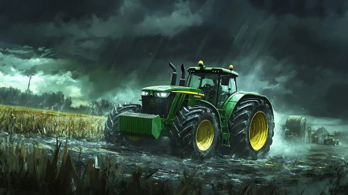 Green Tractor Working in Rainy Field