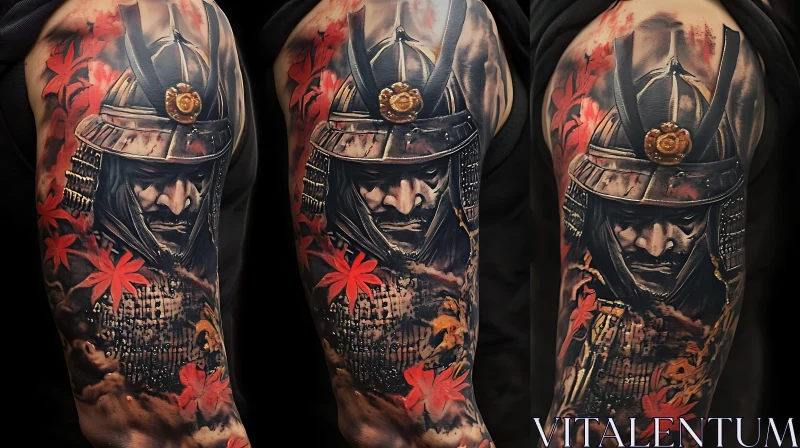 Samurai in Armor Tattoo with Red Leaves AI Image