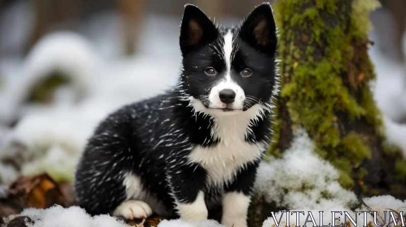 Black and White Puppy in a Snowy Norwegian Forest AI Image
