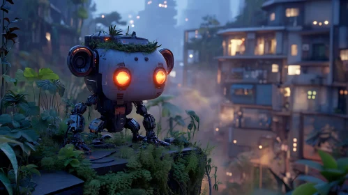 Future Robot in Overgrown Cityscape