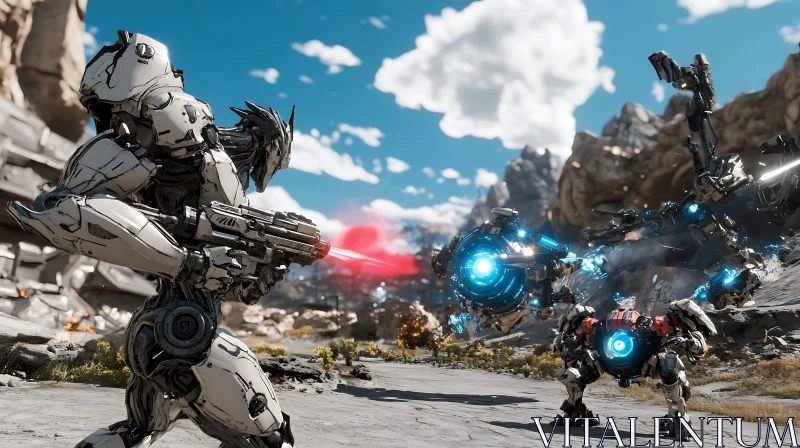 Futuristic Robot Combat Under Blue Skies AI Image