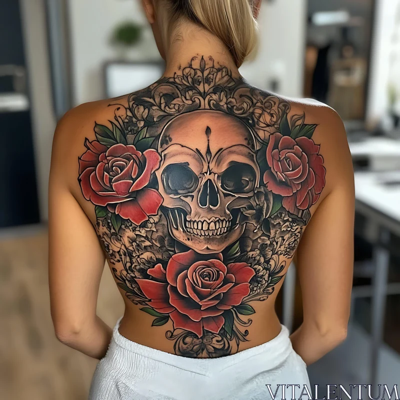 Intricate Skull and Rose Back Tattoo Art AI Image