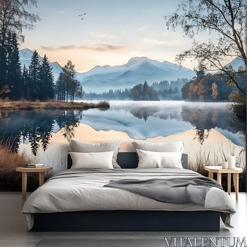 AI ART Mountain Lake Reflection in Bedroom