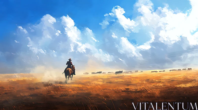 Lone Cowboy and Cattle in Western Landscape AI Image