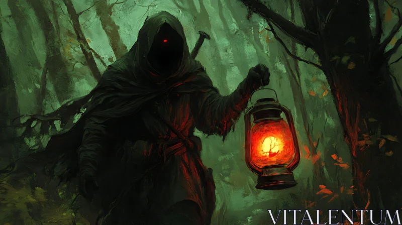 Mysterious Forest Wanderer with Glowing Lantern AI Image