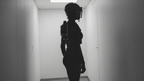 Silhouette of a Technological Figure in White Corridor