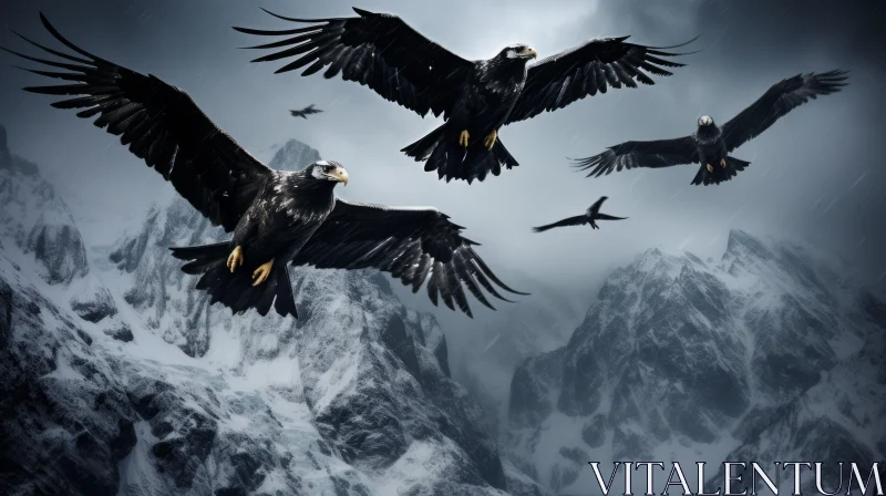 Eagles Soaring Over Snow-Covered Mountains: A Photorealistic Surrealism Artwork AI Image