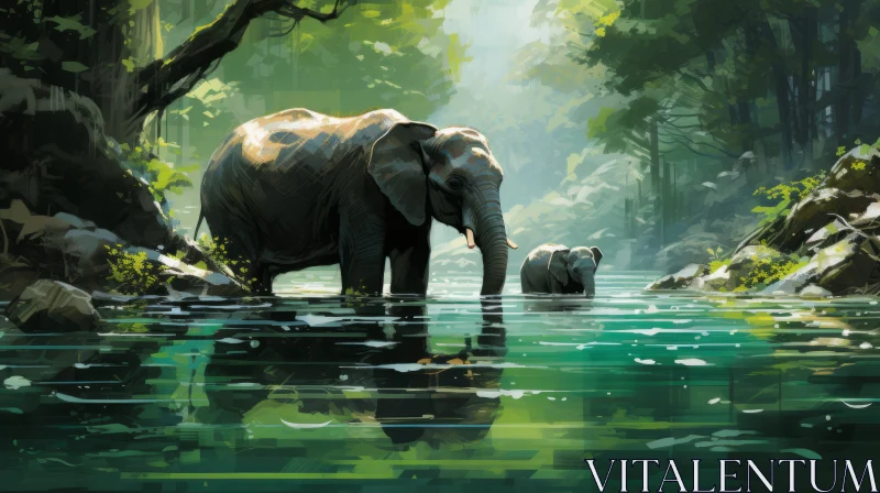 Elephants in Emerald Waters: A Digital Painting AI Image