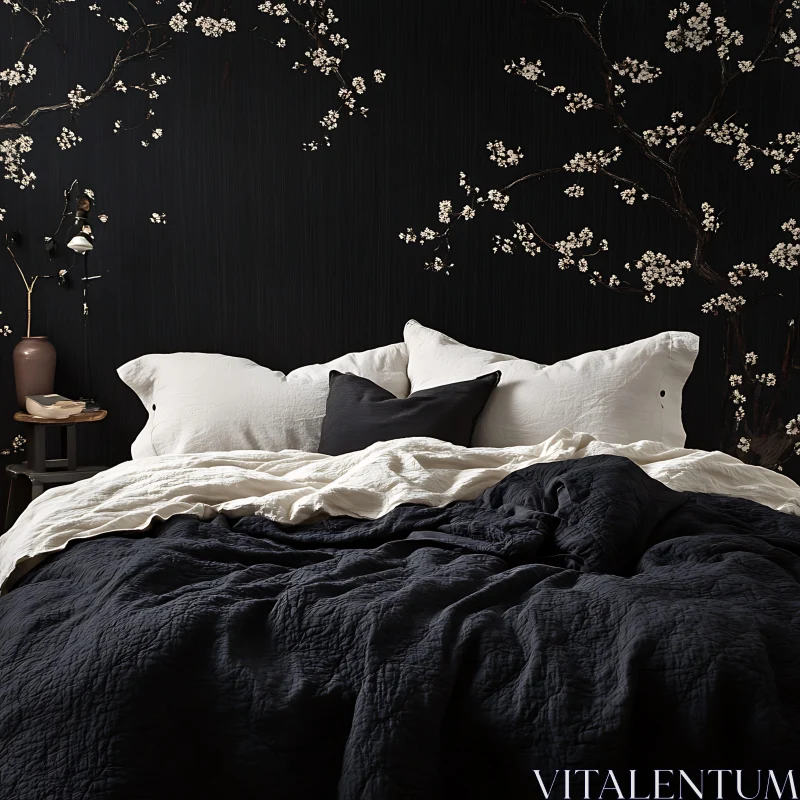 AI ART Cozy Bedroom with Black Floral Design