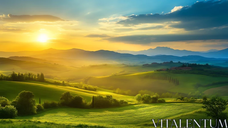 AI ART Scenic Sunset Over Green Fields