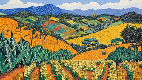 Colorful Fields and Hills Landscape Art