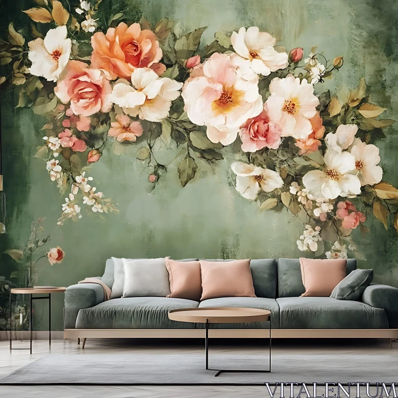 Serene Interior with Floral Art and Sofa AI Image