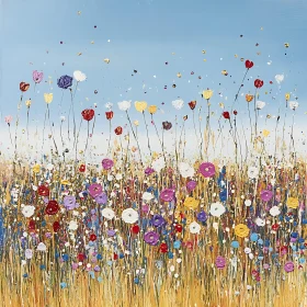 Floral Field Painting with Blue Sky