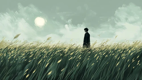 Man in Field Under Pale Sky