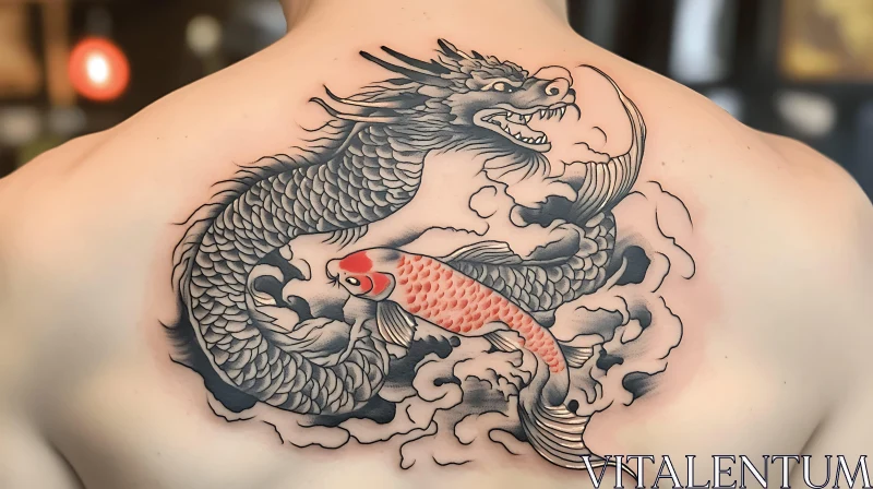 Intricate Back Tattoo with Dragon and Koi Fish AI Image