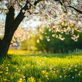 Floral Meadow Under Blooming Tree