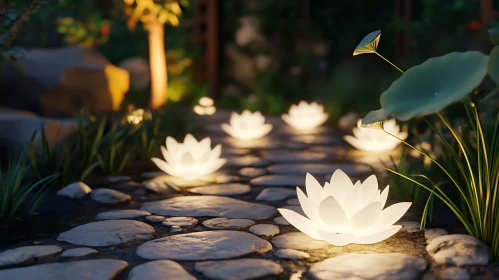 Glowing Lotus Flowers on Stone Path