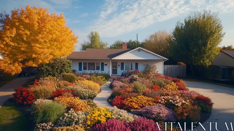 Colorful Flowerbed at Residential House AI Image