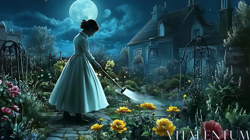 Woman Sweeping in a Floral Garden at Night AI Image