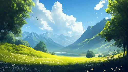 Scenic Mountain View with Flower Meadow