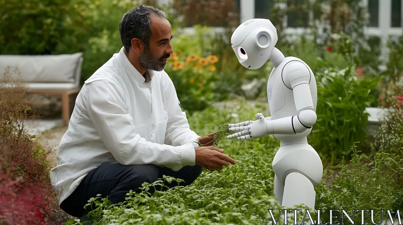 Man and Robot Exchange in Garden AI Image