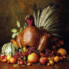 Roasted Turkey with Fruits and Autumn Leaves