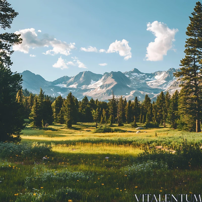 Green Field and Mountain Scenery AI Image