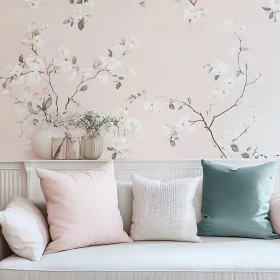 Tranquil Interior with Floral Wallpaper and Soft Cushions