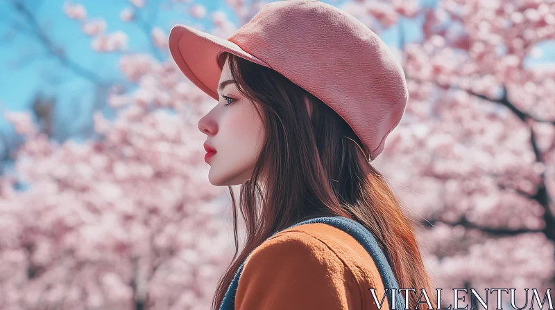 Spring Portrait of Woman with Pink Flowers AI Image