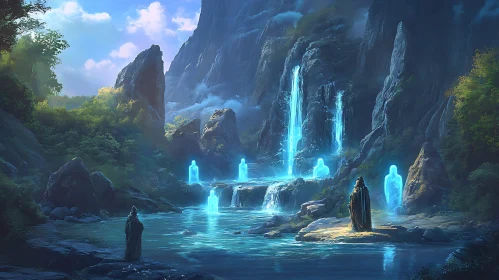 Tranquil Waterfall and Glowing Figures