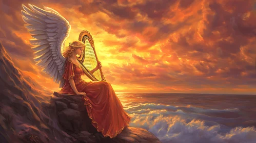 Coastal Angel with Harp at Sunset